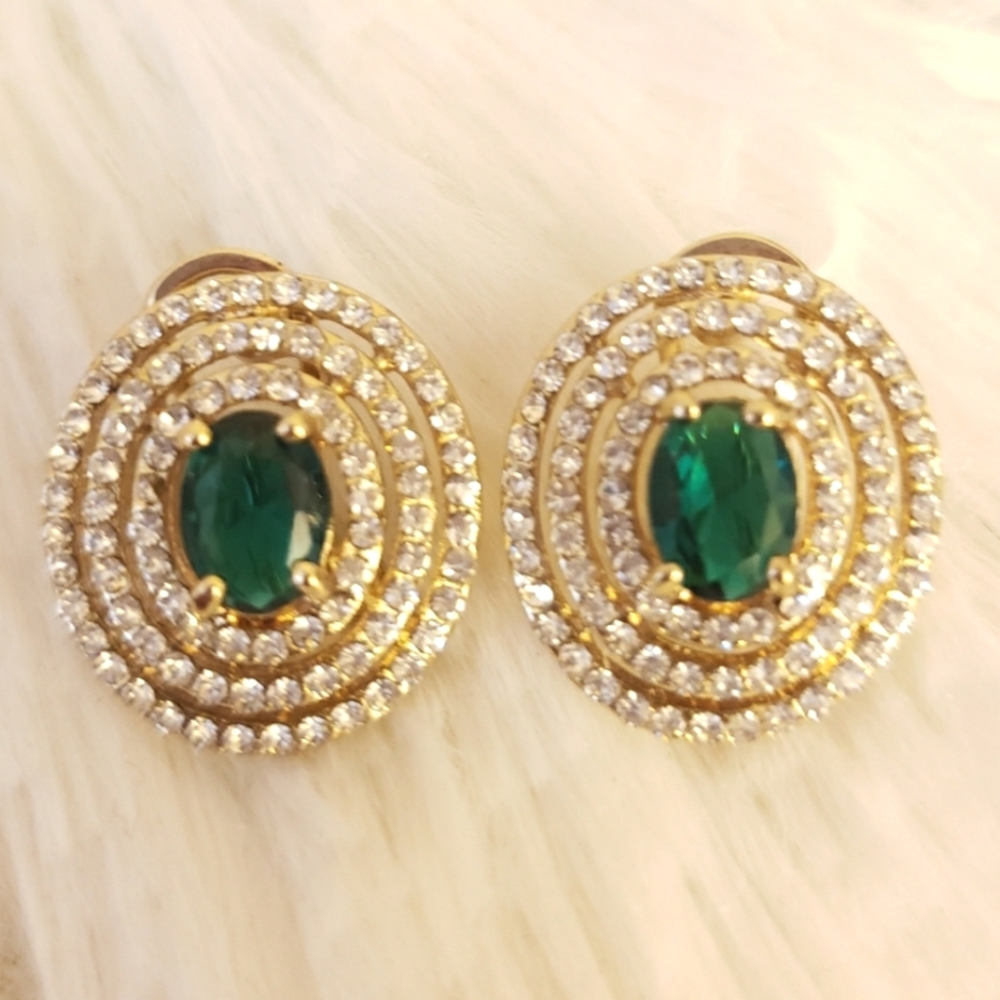 Round Emerald Green and White CZ Earrings - Picture 6 of 6